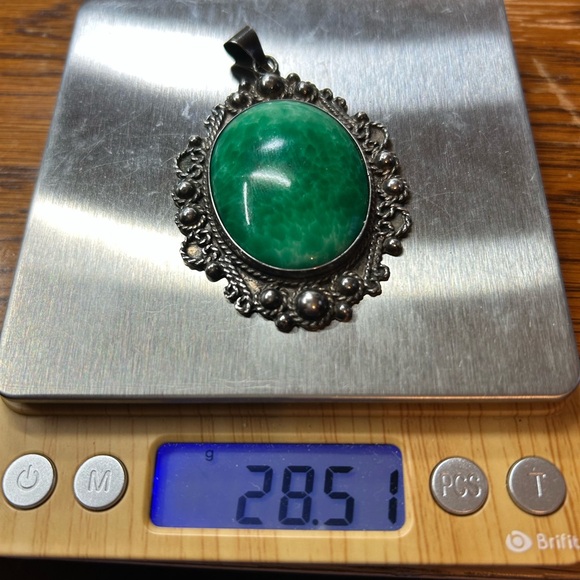 Vintage Large Signed Mexico Taxco Sterling Silver 925 Green Agate Stone - Picture 7 of 7